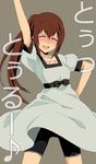  absurdres arm_up bike_shorts blush brown_hair closed_eyes cosplay embarrassed hand_on_hip highres long_hair makise_kurisu open_mouth ponytail red_hair saipaco shiina_mayuri shiina_mayuri_(cosplay) solo steins;gate waving 