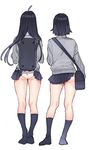  accidental_exposure ahoge arutera ass backpack bad_id bad_pixiv_id bag banned_artist black_hair contrapposto facing_away from_behind full_body long_hair multiple_girls original panties pleated_skirt school_uniform short_hair skirt standing underwear white_background white_panties 