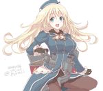  2014 :d atago_(kantai_collection) beret black_gloves black_panties blonde_hair dated frilled_sleeves frills gloves green_eyes hat kantai_collection long_hair looking_at_viewer machinery military military_uniform open_mouth panties pantyhose pureji_oshou simple_background smile solo twitter_username underwear uniform white_background 