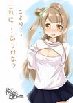  breasts brown_eyes brown_hair cleavage cleavage_cutout long_hair love_live! love_live!_school_idol_project medium_breasts meme_attire minami_kotori open-chest_sweater ribbed_sweater sweater translated tsukasa_0913 