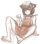  animal_ears bow cat_ears chen dress ear_piercing hat jewelry kuro_suto_sukii limited_palette long_sleeves looking_at_viewer mob_cap piercing shirt single_earring sitting sketch socks_removed soles solo touhou 