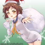  1girl artist_name blue_sailor_collar brown_eyes brown_hair commentary_request cowboy_shot dated dress foreshortening gradient gradient_background green_background headgear highres kantai_collection looking_at_viewer neckerchief nuka_(nvkka) open_mouth sack sailor_collar sailor_dress short_hair snowflakes solo twitter_username upper_teeth white_background yellow_neckwear yukikaze_(kantai_collection) 