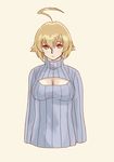  ahoge bad_id bad_pixiv_id blazblue blonde_hair breasts cleavage cleavage_cutout es_(xblaze) highres large_breasts meme_attire no_legs open-chest_sweater red_eyes ribbed_sweater sara_souju_(warabi_mochi) short_hair solo sweater turtleneck upper_body xblaze xblaze_code:_embryo 