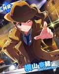  &gt;:) ;) brown_hair car character_name ground_vehicle hat idolmaster idolmaster_million_live! looking_at_viewer motor_vehicle necktie official_art one_eye_closed pointing police police_car purple_eyes side_ponytail smile solo trench_coat v-shaped_eyebrows yokoyama_nao 