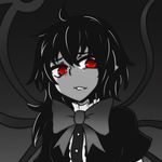  asymmetrical_hair asymmetrical_wings black_hair bow bowtie houjuu_nue monochrome pointy_ears red_eyes smirk touhou upper_body wings xkaishaku 