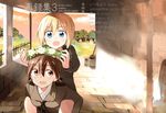  artist_name barrel blonde_hair blue_eyes brown_eyes brown_hair carrying cover cover_page doujin_cover erica_hartmann flower_wreath gertrud_barkhorn head_wreath house long_hair looking_back multiple_girls open_mouth outdoors piggyback putting_on_headwear shadow short_hair strike_witches sunset tree tsuchii_(ramakifrau) twintails uniform world_witches_series 