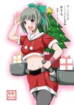  :d adapted_costume bangs belt brown_eyes christmas christmas_tree crop_top crop_top_overhang crossed_legs green_hair hair_ribbon hand_on_hip highres kantai_collection looking_at_viewer machinery midriff navel open_mouth pantyhose ponytail ribbon santa_costume short_sleeves skirt smile solo star translation_request yano_toshinori yuubari_(kantai_collection) 
