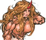  abs breasts fang hand_in_hair horn hoshiguma_yuugi large_breasts muscle muscular_female nameo_(judgemasterkou) nude oni solo star touhou 
