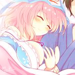  1girl arm_hug bad_id bad_pixiv_id banned_artist between_breasts blanket blue_dress blush breasts closed_eyes couple dress hat hetero kisaragi_zwei large_breasts mob_cap pink_hair saigyouji_yuyuko shared_blanket smile sweatdrop touhou triangular_headpiece veil 