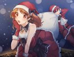  1girl aikatsu! aikatsu!_(series) bad_id bad_pixiv_id blue_eyes brown_hair dress hat long_hair oozora_akari red_eyes retako sack santa_costume santa_hat sena_tsubasa short_hair 