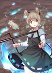  akagashi_hagane animal_ears bloomers capelet cloud cloudy_sky dowsing_rod dress gem grey_dress grey_hair jewelry long_sleeves looking_at_viewer mouse mouse_ears mouse_tail nazrin necklace pendant red_eyes see-through sky solo tail touhou underwear 