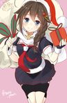  bad_id bad_twitter_id black_gloves blush braid brown_hair fingerless_gloves gift gloves hair_flaps hair_ornament hair_over_shoulder hat jpeg_artifacts kantai_collection long_hair looking_at_viewer over_shoulder pink_background remodel_(kantai_collection) sack santa_hat scarf shigure_(kantai_collection) single_braid skirt smile solo takehana_note the_yuudachi-like_creature twitter_username 