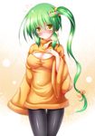  black_legwear blush breasts cleavage cleavage_cutout cowboy_shot flying_sweatdrops frog_hair_ornament green_hair hair_ornament hand_on_own_chest highres kochiya_sanae large_breasts long_hair looking_at_viewer meme_attire open-chest_sweater orange_shirt osashin_(osada) pantyhose ribbed_sweater ribbon shirt side_ponytail sleeves_past_wrists smile snake_hair_ornament solo sweater thigh_gap touhou turtleneck very_long_hair wide_sleeves yellow_eyes 