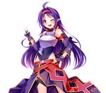  ;d detached_sleeves fingerless_gloves gloves grandia_bing hairband hand_on_hip long_hair looking_at_viewer one_eye_closed open_mouth purple_gloves purple_hair red_eyes simple_background smile solo sword_art_online v white_background yuuki_(sao) 