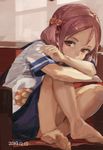  barefoot bench dated feet_on_chair kantai_collection leg_hug legs looking_at_viewer pink_eyes pink_hair sazanami_(kantai_collection) school_uniform serafuku short_hair short_sleeves sitting skirt solo toro_(konirio) twintails 