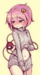  blush bow bow_panties center_opening clothes_lift covering covering_crotch cowboy_shot embarrassed full-face_blush hair_ornament komeiji_satori lifted_by_self minamura_haruki navel panties pink_eyes pink_hair pink_panties ribbed_sweater short_hair simple_background solo sweater sweater_lift touhou turtleneck underwear wavy_mouth yellow_background 