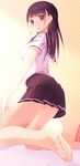  :o akesaka_iku ass barefoot black_hair blush breasts chestnut_mouth feet highres kneeling long_hair looking_at_viewer medium_breasts original school_uniform serafuku short_sleeves skirt solo thighs toes 