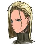  android_18 blonde_hair blue_eyes dragon_ball dragon_ball_z earrings face forehead highres jewelry nameo_(judgemasterkou) short_hair side_part solo turtleneck 