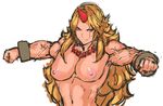  blonde_hair breasts clenched_hands cuffs highres horn hoshiguma_yuugi jewelry large_breasts long_hair looking_at_viewer muscle nameo_(judgemasterkou) navel necklace nipples nude outstretched_arms red_eyes shackles simple_background sketch smirk solo spread_arms touhou upper_body veins white_background 