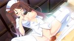  blood bloom breasts brown_eyes brown_hair censored cowgirl_position dutch_angle game_cg grinding hair_ornament hairclip hat large_breasts lens_flare long_hair ma-ko_hunter mosaic_censoring munashi_mujou no_bra no_panties nurse nurse_cap open_clothes open_mouth sex shindou_mao skindentation spread_legs squatting straddling thighhighs twintails unbuttoned vaginal virgin white_legwear wince 