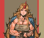  blonde_hair breasts cleavage cuffs highres horn hoshiguma_yuugi large_breasts long_hair muscle muscular_female nameo_(judgemasterkou) open_clothes red_eyes sarashi shackles solo touhou 
