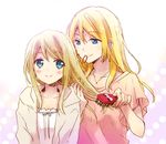  alternate_hairstyle ayase_arisa ayase_eli blonde_hair blouse blue_eyes blush collarbone combing hair_bobbles hair_brush hair_brushing hair_down hair_ornament jacket jewelry light_smile loungewear love_live! love_live!_school_idol_project mouth_hold multiple_girls necklace open_clothes open_jacket pendant short_sleeves siblings sisters smile upper_body yuzucky 