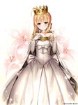  ahoge artoria_pendragon_(all) blonde_hair cape crown dress elbow_gloves fate/stay_night fate_(series) flower gloves grandia_bing green_eyes lily_(flower) saber solo white_dress 