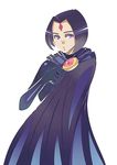  1girl clasp cloak dc_comics elbow_gloves facial_mark forehead_jewel forehead_mark gloves long_sleeves purple_eyes purple_hair raven_(dc) short_hair simple_background solo teen_titans white_background 