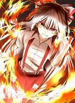  bow fire flame fujiwara_no_mokou grin hair_bow hair_ribbon highres indo_(mdtanaka2007) long_hair pants puffy_short_sleeves puffy_sleeves red_eyes ribbon shirt short_sleeves silver_hair smile solo suspenders touhou tress_ribbon very_long_hair 