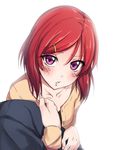  arm_hug bad_id bad_pixiv_id blush collarbone hair_ornament hairclip hairpin kakutasu long_sleeves looking_at_viewer love_live! love_live!_school_idol_project nishikino_maki parted_lips pov purple_eyes red_hair simple_background solo_focus upper_body white_background 