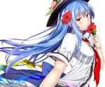  :o blue_hair blush breasts flower food food_themed_clothes fruit hair_flower hair_ornament hat hibiscus hinanawi_tenshi large_breasts long_hair looking_at_viewer looking_to_the_side neropaso open_mouth peach red_eyes short_sleeves simple_background solo touhou upper_body white_background 