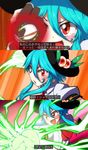  3koma alternate_hair_length alternate_hairstyle blue_hair bow clenched_hand comic electricity fingerless_gloves food fruit gloves glowing gundam hat highres hinanawi_tenshi kitsunetsuki_itsuki open_mouth parody peach red_eyes shining_finger short_hair smile solo sword_of_hisou touhou translated weapon 