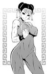  alternate_costume breasts chun-li covered_navel crop_top crop_top_overhang double_bun fugetac greyscale hair_ribbon hand_on_hip highres large_breasts monochrome ribbon sleeveless solo street_fighter street_fighter_zero_(series) studded_bracelet sweat toned unitard 