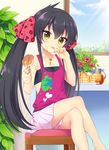  :p apron black_hair blush crossed_legs flat_chest food fork fuyuichi idolmaster idolmaster_cinderella_girls long_hair looking_at_viewer matoba_risa necktie pancake pink_skirt sitting skirt solo syrup tongue tongue_out twintails very_long_hair window yellow_eyes 