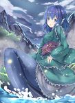  blue_eyes blue_hair cloud cloudy_sky erimu head_fins japanese_clothes kimono long_sleeves mermaid monster_girl obi open_mouth sash sitting sky solo touhou wakasagihime water wide_sleeves 