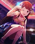  armlet breasts brown_eyes brown_hair character_name cleavage d; dress hair_ornament idolmaster idolmaster_million_live! jpeg_artifacts long_hair medium_breasts official_art one_eye_closed open_mouth solo tanaka_kotoha tears 