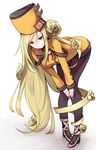  bent_over blonde_hair blue_eyes flower guilty_gear guilty_gear_xrd hat long_hair looking_at_viewer millia_rage orange_hat pantyhose roll_okashi smile solo very_long_hair white_background 