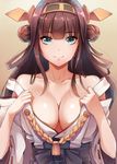  bare_shoulders blue_eyes breasts brown_hair cleavage detached_sleeves hairband headgear kantai_collection kongou_(kantai_collection) large_breasts liu_guniang long_hair looking_at_viewer nontraditional_miko solo undressing 