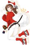  animal_hat ass bell blush brown_eyes brown_hair cat_hat cat_tail commentary_request gift hat highres kantai_collection looking_at_viewer pantyhose ryuujou_(kantai_collection) sack santa_costume shikigami short_hair sino_(sionori) solo tail twintails white_legwear 