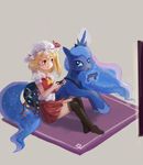  bat_wings black_legwear blonde_hair blue_eyes blue_hair controller crossover crown flandre_scarlet game_console game_controller hat horn jewelry kneehighs koung_(looofa) long_hair luna_(my_little_pony) magic multiple_girls my_little_pony my_little_pony_friendship_is_magic playing_games playstation_4 red_eyes ribbon short_hair side_ponytail sitting smile telekinesis thighhighs touhou very_long_hair wings 