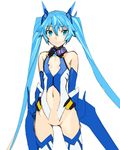  arms_behind_back bare_shoulders blue_eyes blue_gloves blue_hair bodysuit bottomless elbow_gloves flat_chest gloves hair_between_eyes headgear long_hair navel ore_twintail_ni_narimasu orion_(orionproject) sketch smile solo tailblue thighhighs twintails very_long_hair 
