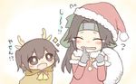 animal_costume antlers bell brown_hair chibi commentary_request flying_sweatdrops gloves hat headband jako_(jakoo21) jintsuu_(kantai_collection) kantai_collection long_hair multiple_girls reindeer_antlers reindeer_costume remodel_(kantai_collection) sack santa_costume santa_hat sendai_(kantai_collection) short_hair short_twintails sparkling_eyes tears translated twintails twitter_username 
