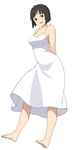  accio arms_behind_back bad_id bad_twitter_id bare_shoulders barefoot black_eyes black_hair breasts cleavage dress full_body highres large_breasts original short_hair simple_background smile solo white_background white_dress 