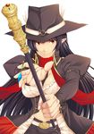  black_hair equalizer! hat juliet_sleeves long_sleeves looking_at_viewer pointy_ears puffy_sleeves red_eyes scarf simple_background solo staff tomozo_kaoru white_background 