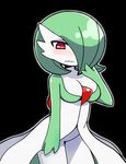  black_background blush breasts cleavage commentary_request gardevoir gen_3_pokemon hair_over_one_eye large_breasts looking_down nishiki_mikado no_humans outline pokemon pokemon_(creature) red_eyes simple_background solo wavy_mouth 