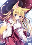  ;p animal_ears blonde_hair blush breasts cowboy_shot finger_licking fox_ears fox_tail hakama japanese_clothes kimono large_breasts licking looking_at_viewer miko one_eye_closed oriental_umbrella original parasol purple_eyes red_hakama ribbon-trimmed_sleeves ribbon_trim snow snowing standing tail tateha_(marvelous_grace) tongue tongue_out umbrella underbust 