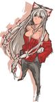  bare_shoulders bow breasts cleavage fujiwara_no_mokou hair_bow hands_in_pockets highres large_breasts long_hair nameo_(judgemasterkou) off-shoulder_sweater pants red_eyes ribbed_sweater silver_hair solo standing sweater touhou very_long_hair 