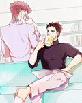  aka16 black_hair couch cup jojo_no_kimyou_na_bouken kakyouin_noriaki kuujou_joutarou male_focus mug multiple_boys no_hat no_headwear pink_hair slippers turtleneck 