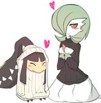  blush cleavage_cutout eyes_closed gardevoir green_hair hair_over_one_eye heart mawile no_humans open-chest_sweater pokemon red_eyes short_hair wavy_mouth 