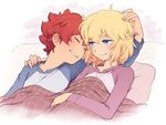  blonde_hair blue_eyes blush danball_senki danball_senki_wars hoshihara_hikaru male_focus multiple_boys naruko_(nalcoro) pajamas raglan_sleeves sena_arata shirt t-shirt under_covers yaoi 